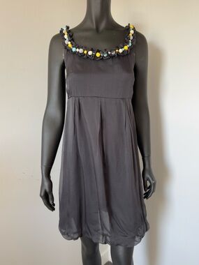 308. Vero Moda 100% Silk Black Mini Dress with Multicolor Bead Trim